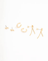 Gold Plated Brass Bow, Freshwater Pearl Cuff & Cubic Zirconia Cup Chain Earrings 3-Pack - link has visual effect only
