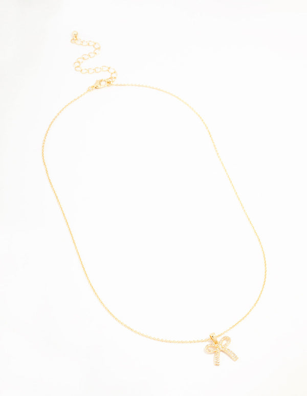 Gold Plated Pave Set Cubic Zirconia Bow Necklace