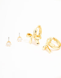 Gold Plated Brass Bow Drop & Cubic Zirconia Huggie & Stud Earrings 3-Pack - link has visual effect only