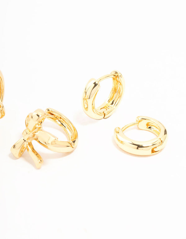 Gold Plated Brass Bow Drop & Cubic Zirconia Huggie & Stud Earrings 3-Pack
