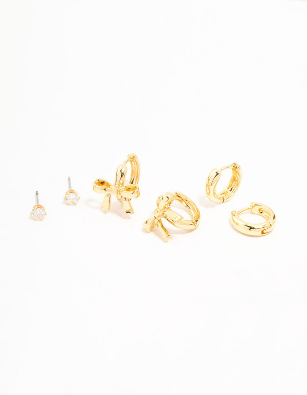 Gold Plated Brass Bow Drop & Cubic Zirconia Huggie & Stud Earrings 3-Pack