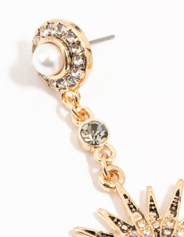 Gold Pearl & Diamante Celestial Drop Earrings