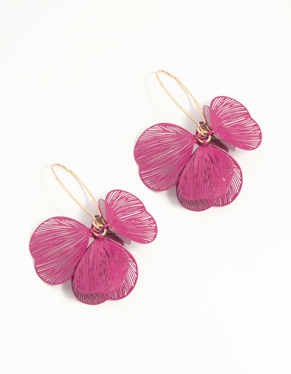 Pink Coated Metal Lasercut Petal Drop Earrings
