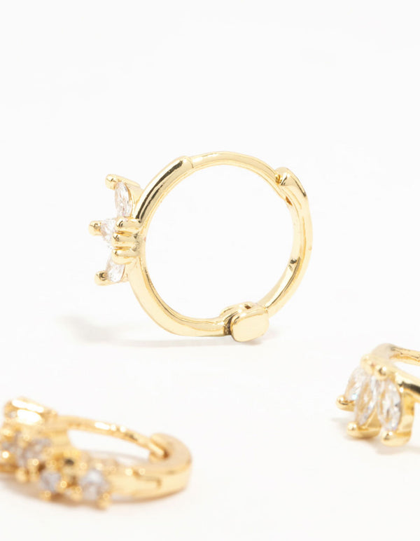 Gold Plated Brass Cubic Zirconia Leaf Hoop & Crawler Earrings 3-Pack