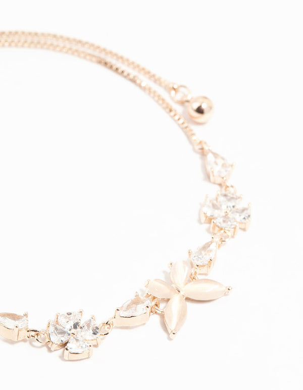 Rose Gold Plated Butterfly Cubic Zirconia Flower Toggle  Bracelet
