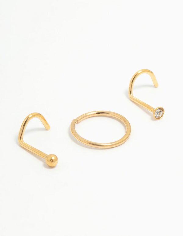 Gold Plated Titanium Corkscrew Nose Studs & Nose Ring e 3-Pack