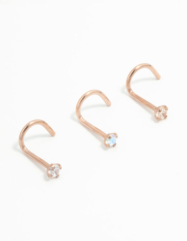 Rose Gold Plated Titanium Light Stone Nose Studs 3-Pack