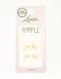 Gold Plated Titanium Round Cubic Zirconia Nipple Bars 2-Pack - link has visual effect only