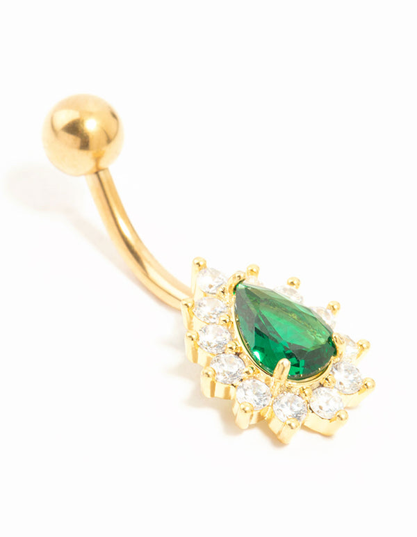 Gold Plated Titanium Spikey Green Cubic Zirconia Belly Bar
