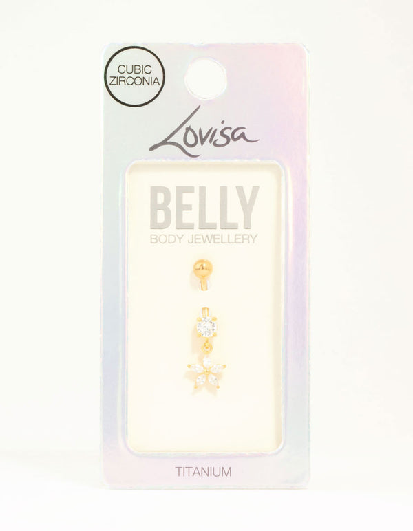Gold Plated Titanium Cubic Zirconia Flower Drop Belly Bar