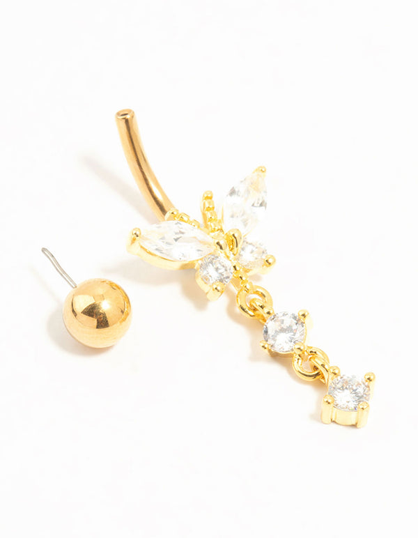 Gold Plated Titanium Cubic Zirconia Butterfly Drop Belly Bar