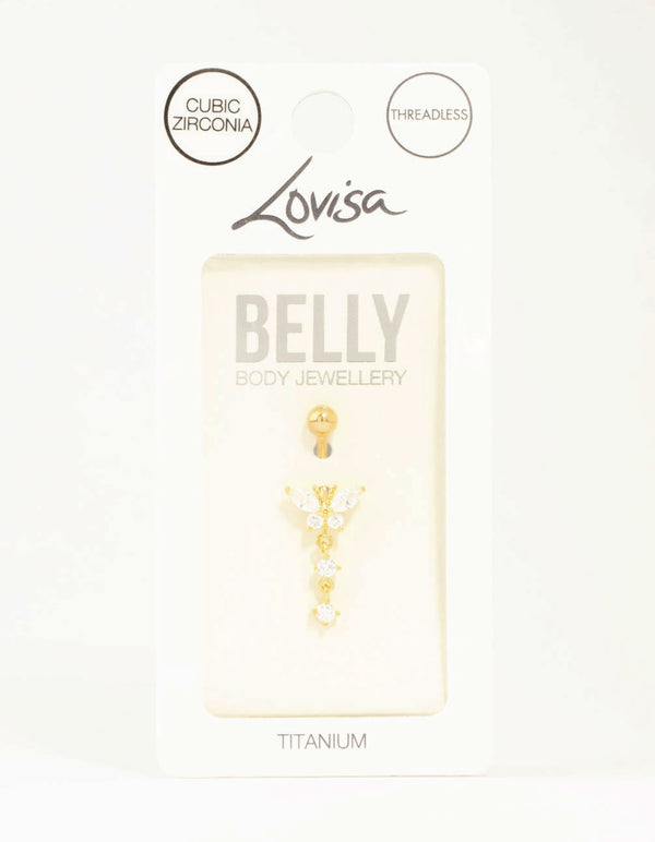 Gold Plated Titanium Cubic Zirconia Butterfly Drop Belly Bar