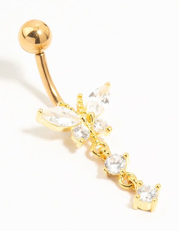 Gold Plated Titanium Cubic Zirconia Butterfly Drop Belly Bar