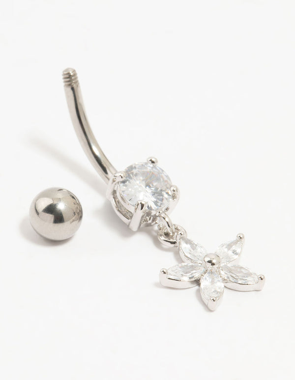 Titanium Cubic Zirconia Flower Drop Belly Bar