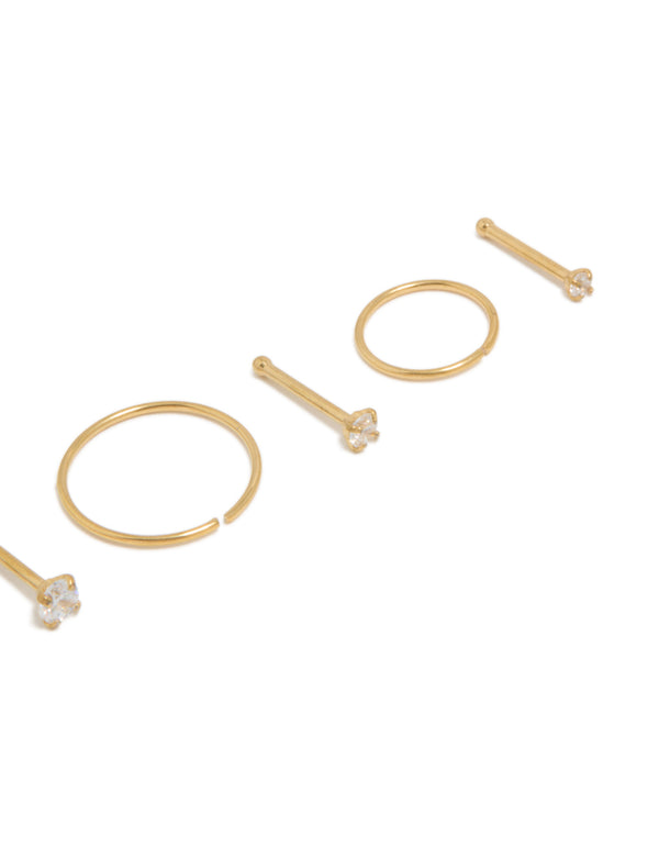 Gold Plated Titanium Cubic Zirconia Nose Studs & Rings 6-Pack