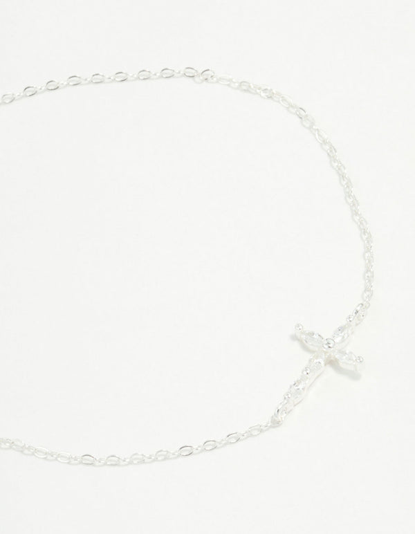 Sterling Silver Cubic Zirconia Horizontal Cross Bracelet
