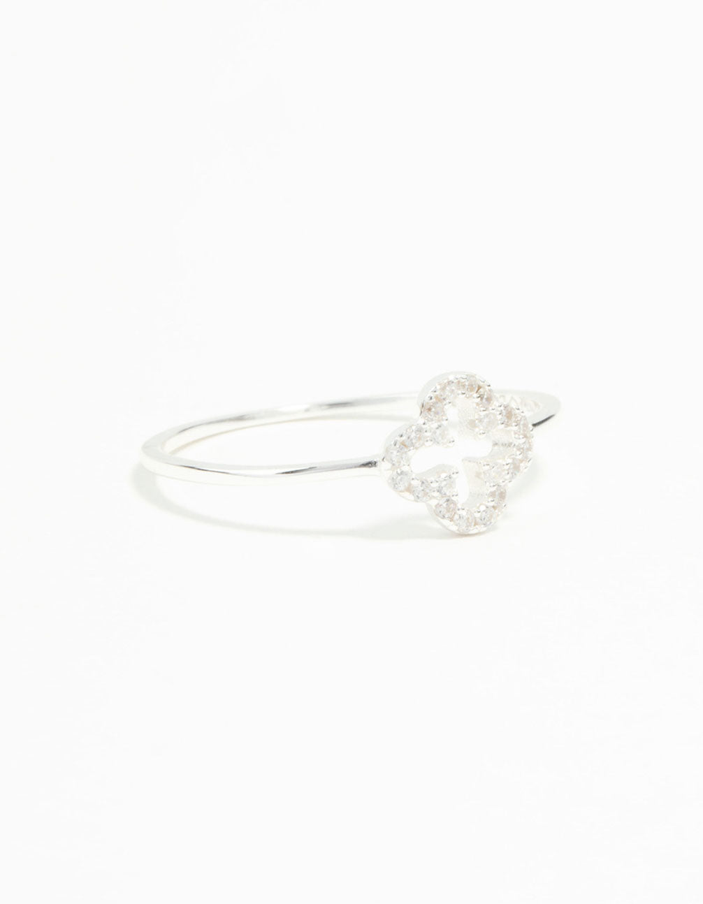 Crafted from sterling silver cubic zirconia flower ring featuring floral design in clear tone front view