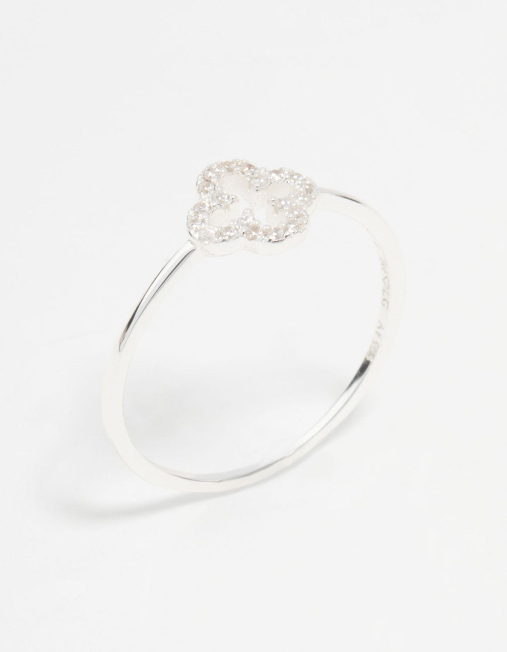 This sterling silver cubic zirconia flower ring with floral design in clear tone side detail view