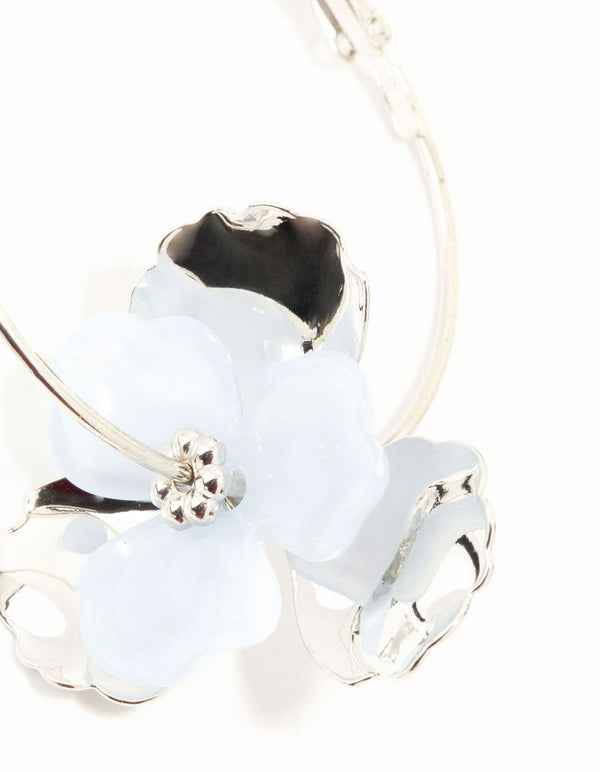 Silver & Blue Flower Hoop Drop Earrings