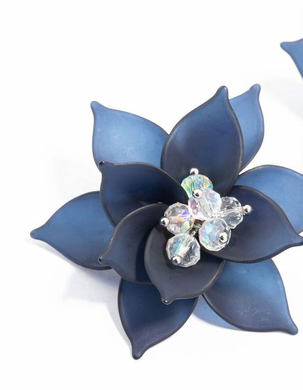 Large Blue Beaded Center Flower Stud Earrings