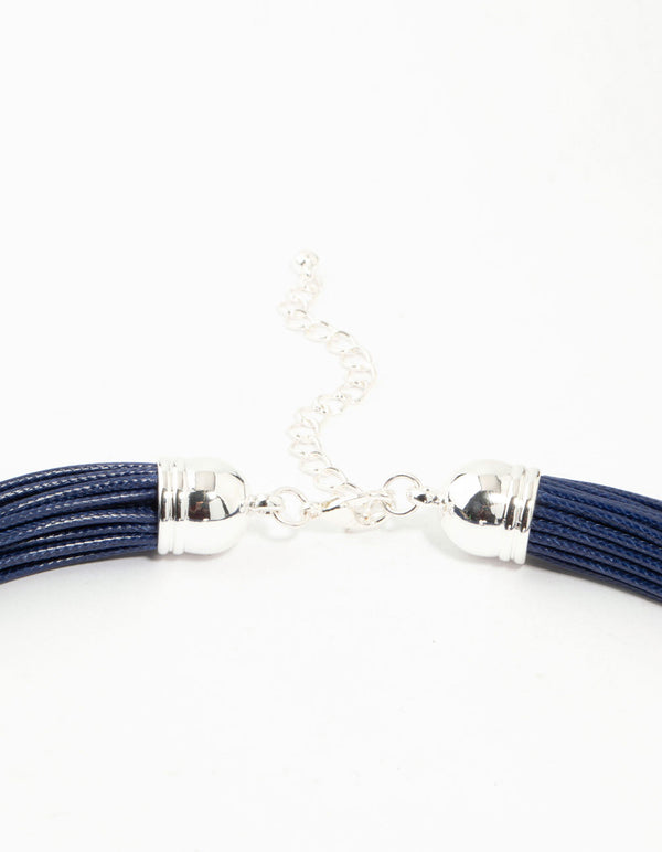 Blue Wax Cord Trio Silver Ball Necklace