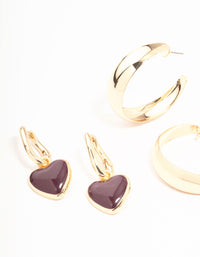 Gold Sleek Hoop & Red Heart Hoop Earrings 3-Pack - link has visual effect only