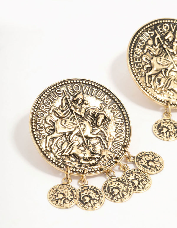 Antique Gold Large Coin Charm Stud Earrings