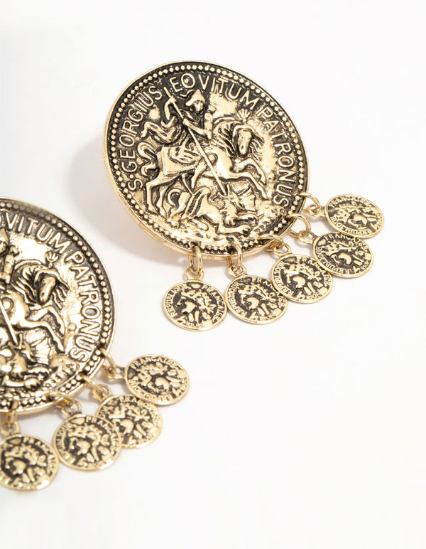 Antique Gold Large Coin Charm Stud Earrings