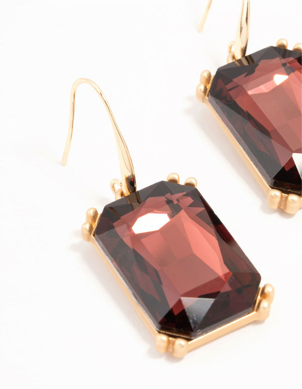 Large Baguette Cut Burgundy Diamante Drop Gold Earrings