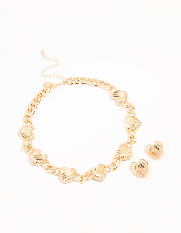 Gold Ribbed Heart Chain Necklace & Earrings Set
