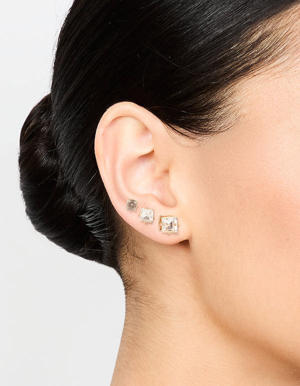 Gold Square Diamante Stud Earrings 3-Pack
