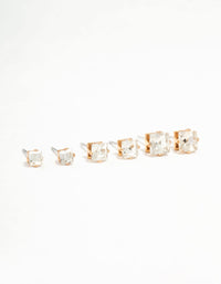 Gold Square Diamante Stud Earrings 3-Pack - link has visual effect only