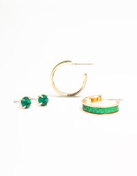 Green Glitter Hoops & Green Diamante Stud Earrings 2-Pack - link has visual effect only