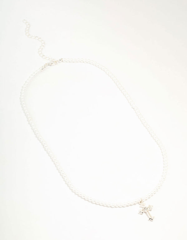 Silver Pearl Cross Pendant Necklace