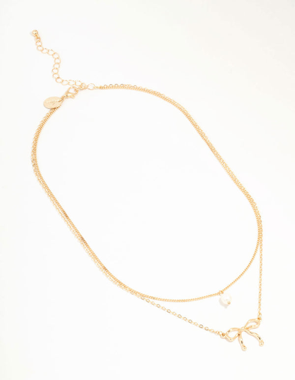 Gold Pearl & Bow Layered Necklace