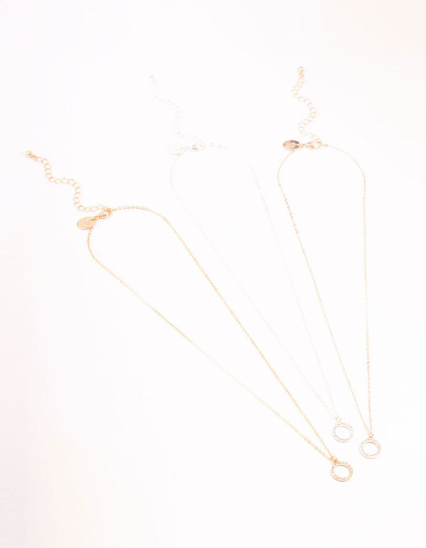 Mixed Metal Diamante Open Circle Pendant Necklaces 3-Pack