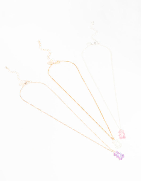 Pastel Holographic Teddy Bear Necklaces 3-Pack