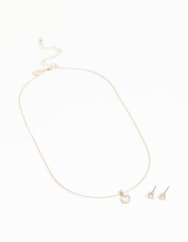 Rose Gold Solitaire Cubic Zirconia Necklace & Stud Earring Set