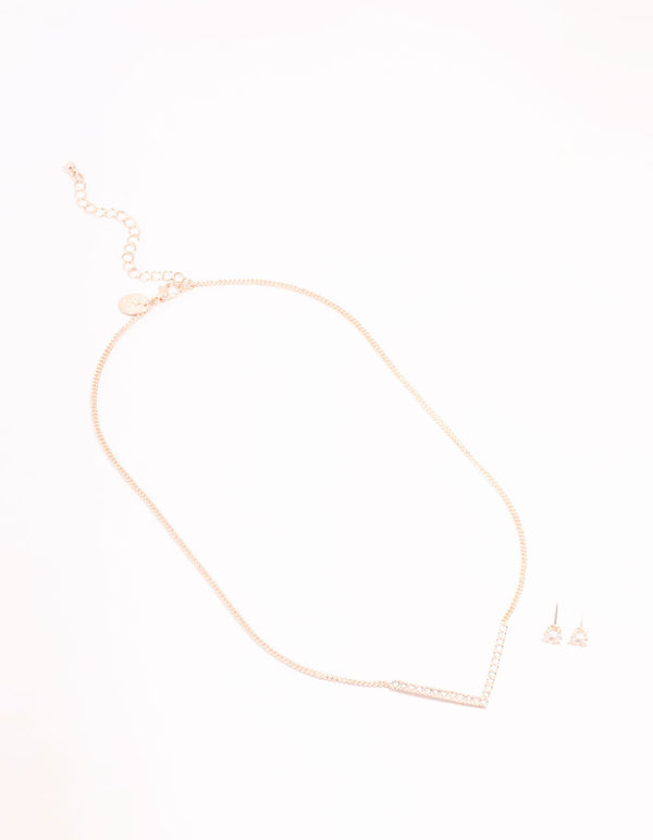 Rose Gold Cubic Zirconia V Necklace & Stud Earrings Set