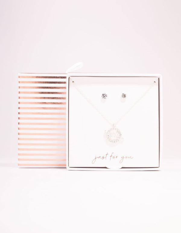 Silver Diamante Planet Necklace & Stud Earrings Set