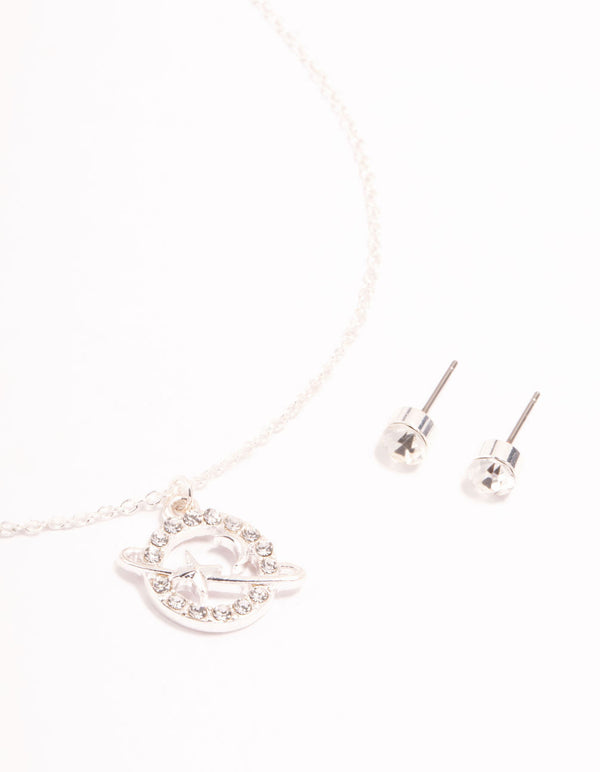 Silver Diamante Planet Necklace & Stud Earrings Set