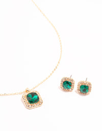 Green Diamante Square Halo Gold Necklace & Stud Earrings Set - link has visual effect only