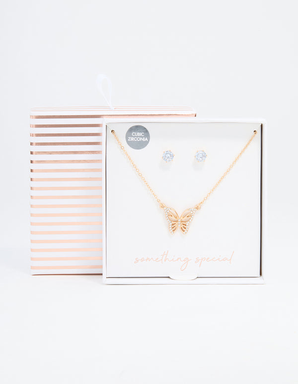 Gold Cubic Zirconia Butterfly Necklaces & Stud Earrings Pack