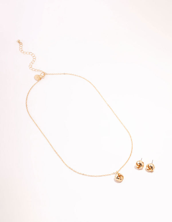 Gold Knotted Necklace & Stud Earrings Set