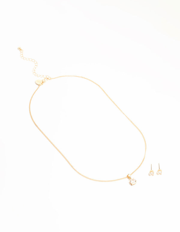 Gold Cubic Zirconia Solitaire Necklace & Stud Earrings Set