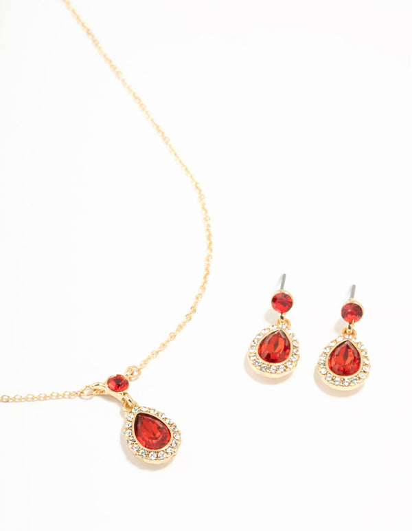 Round & Pear Red Diamante Halo Necklace & Drop Earrings Set