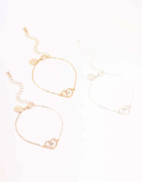 Mixed Metals Diamante Heart Outline Bracelets 3-Pack - link has visual effect only