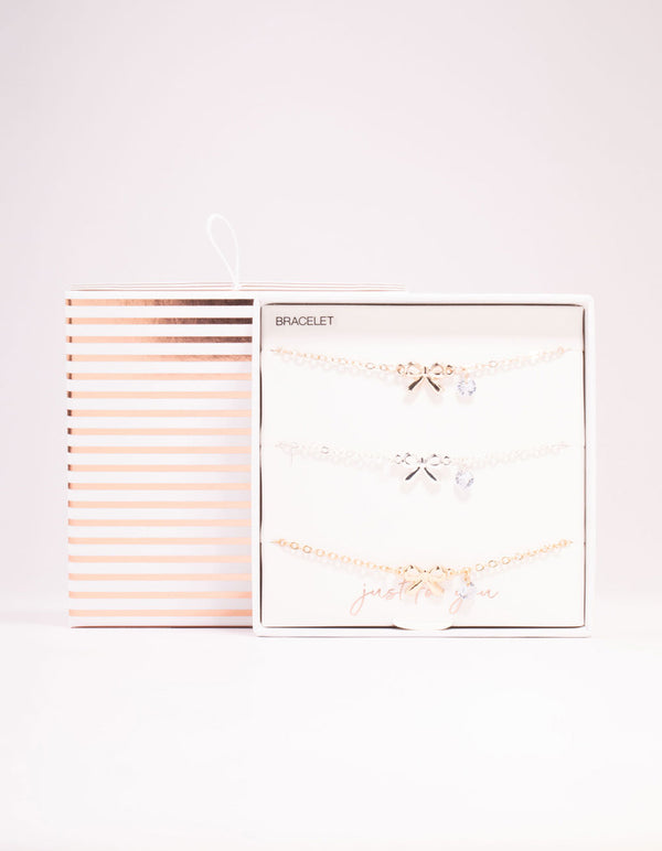 Mixed Metals Diamante Bow Bracelets 3-Pack