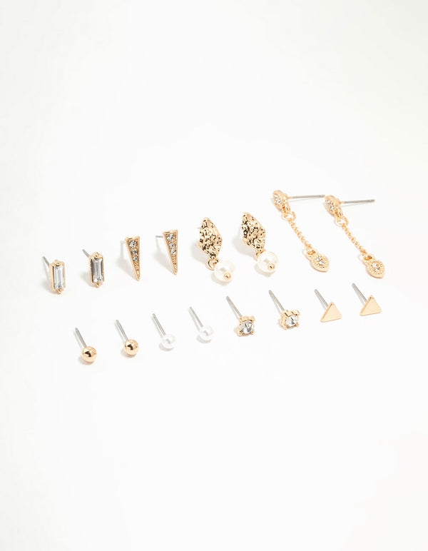 Gold Stud & Chain Earrings 8-Pack