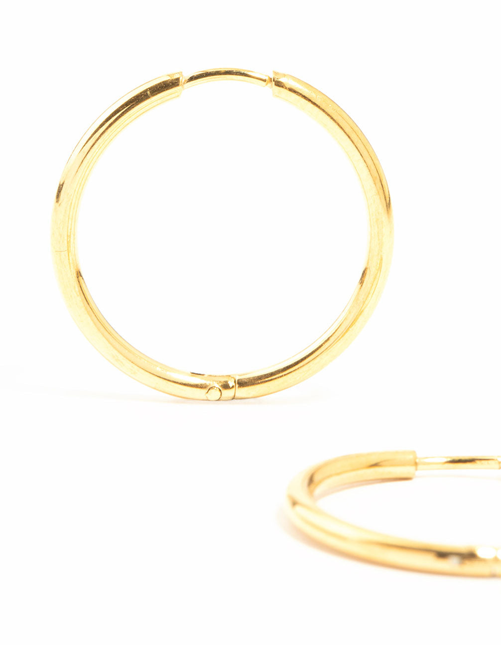 Detailed view of waterproof gold plated stainless steel fine hoop earrings with closure mechanism close up view